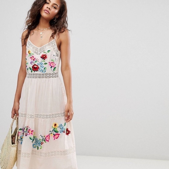 ASOS Petite Dresses & Skirts - NWOT ASOS white  lace insert crinkle tiered midi dress with embroidery, Size 2